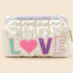 Pearl White Quilted Makeup Bag with LOVE Chenille Letters