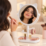 Makeup Mirror with Jewelry Holder & Storage Tray – White - Image 2