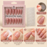 Dusty Rose Almond Press-On Nails – 12 Pieces with White Line Art - Image 2