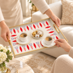 Momaz Floral Serving Tray Set with Handles – Ivory & Gold, 2 Pieces - Image 2