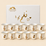 Momaz 12-Piece Porcelain Arabic Coffee Cup Set – Gold Music Note & Heart Design - Image 2