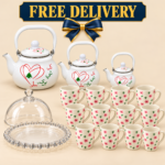 Tea Serving Bundle – 12 Pink Floral Mugs, 3 Lebanese Design Kettles & Glass Dessert Dish