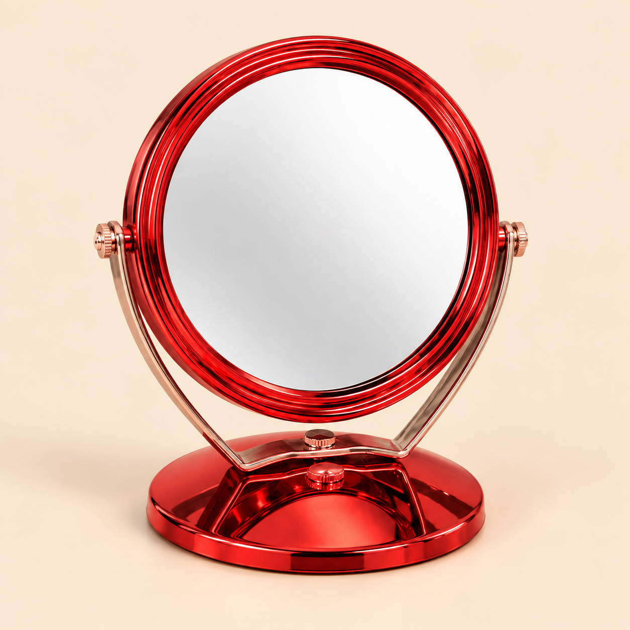 Glossy Red Vanity Mirror on Beige Background Red Round Tabletop Makeup Mirror with Swivel Stand - Image 1