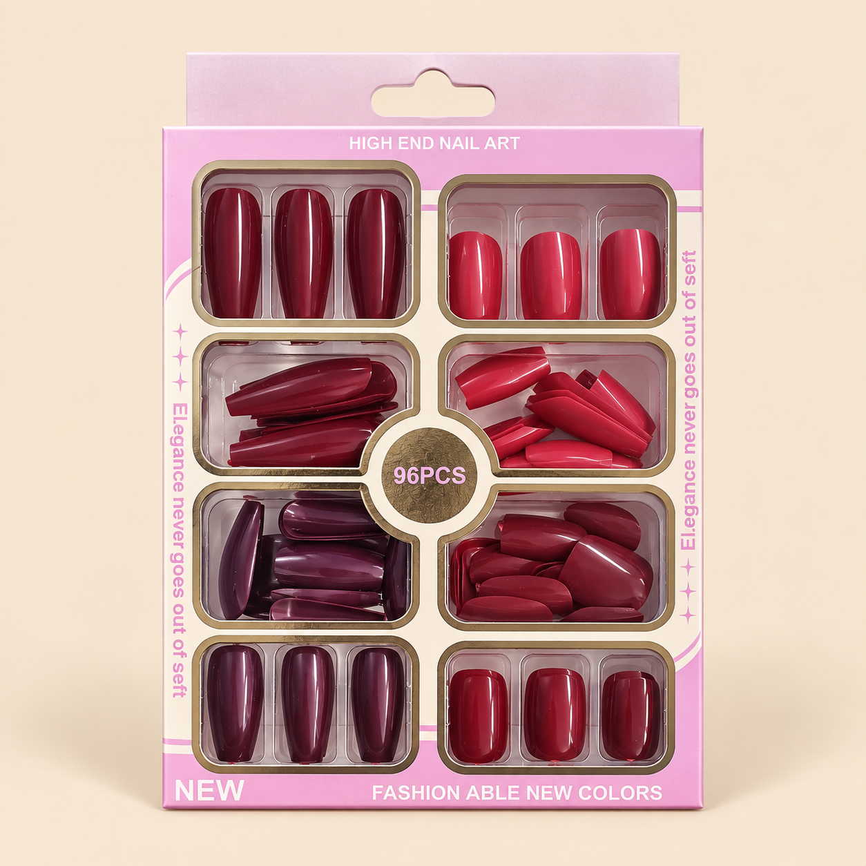 High-End Burgundy Nail Art Set Glossy Press-On Nails Set – 96 Pieces in Burgundy, Red & Plum - Image 1