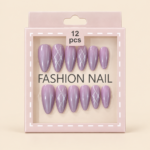 Lavender Almond Press-On Nails – 12 Pieces with White Line Art