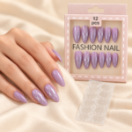 Lavender Almond Press-On Nails – 12 Pieces with White Line Art - Image 2