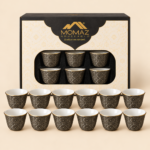MOMAZ Arabic Coffee Cup Set – 12 Pcs, Black & Gold Geometric Design