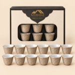 MOMAZ Luxury Embossed Arabic Coffee Cups Set – Beige & Gold (12 PCS)