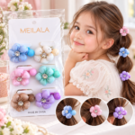 Flower Hair Ties with Rhinestone Detail – 6 Piece Set - Image 2