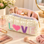 Pearl White Quilted Makeup Bag with LOVE Chenille Letters - Image 2