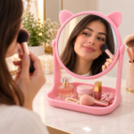Makeup Mirror with Storage Tray – Pink & White - Image 4