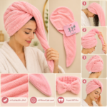 3-Piece Hair Towel Set with Drying Cap & Bow Headband – Pink - Image 2