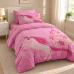 Prince Sleep Pink Unicorn Comforter Set – 4 Pieces, Single