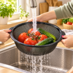 Round Plastic Mesh Colander with Side Handles – Black - Image 2