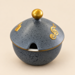 Momaz Grey Speckled Sugar Bowl with Lid – Gold Music Note Design