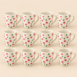 Pink Floral Mug Set – 12 Cream Mugs with Handles