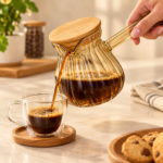 Amber Ribbed Glass Turkish Coffee Pot with Wooden Lid & Long Handle - Image 3