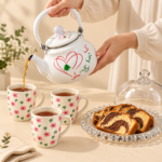 Tea Serving Bundle – 12 Pink Floral Mugs, 3 Lebanese Design Kettles & Glass Dessert Dish - Image 2
