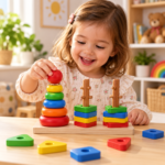 Wooden Rainbow Three Column Stacking Tower – Shape Sorting Toy - Image 3