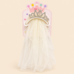 Girls Rhinestone Princess Tiara Headband with Tulle Veil – White