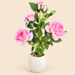 Artificial Light Pink Rose Plant in White Ribbed Pot – 5 Blooms