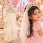 Girls Rhinestone Princess Tiara Headband with Tulle Veil – White - Image 2