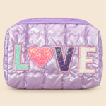 Purple Quilted LOVE Makeup Bag with Sequin Letters