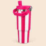 Pink & White Striped Stainless Steel Insulated Tumbler with Flip Straw Lid and Carry Handle