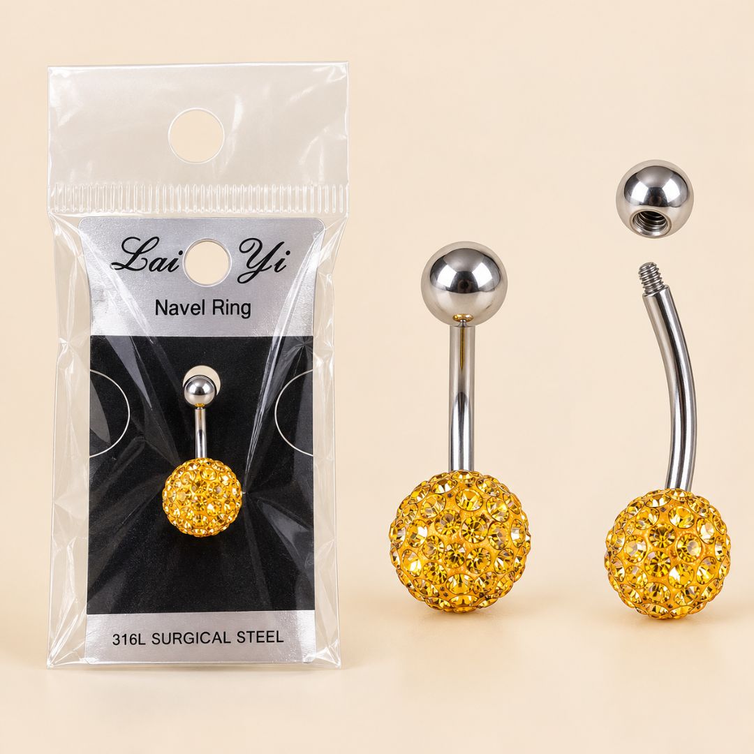 lai-yi-gold-crystal-ball-navel-ring-316l-surgical-steel Gold Crystal Ball Belly Button Ring - Image 1