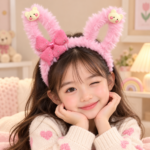 Girls’ Fluffy Bunny Ear Headband with Decorative Charms - Image 2