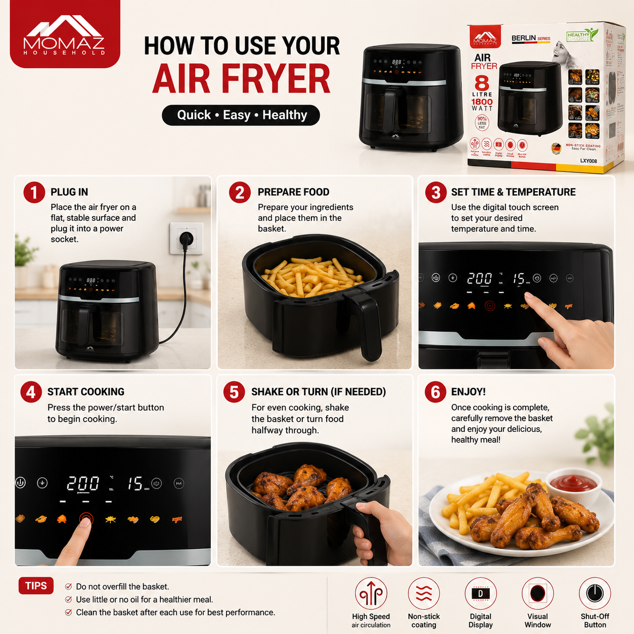 Momaz Berlin Series 8L 1800W Digital Air Fryer with Viewing Window & Preset Programs - Image 4