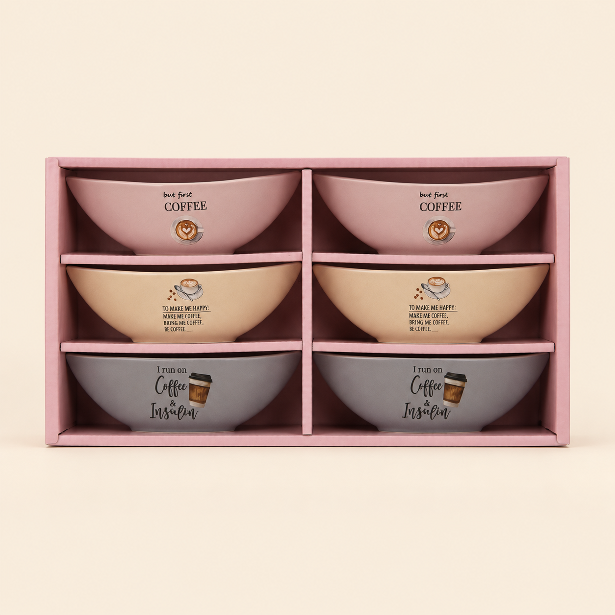 MOMAZ Coffee-Themed Porcelain Bowl Set – 6 Pieces, Assorted Pastel Colors in Gift Box - Image 1