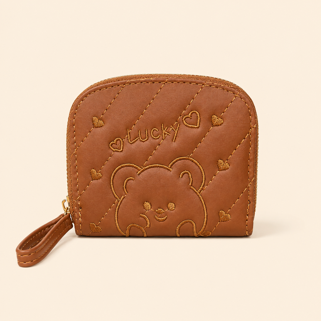 Zippered Dome Coin Purse with Embroidered Bear and Hearts - Image 3