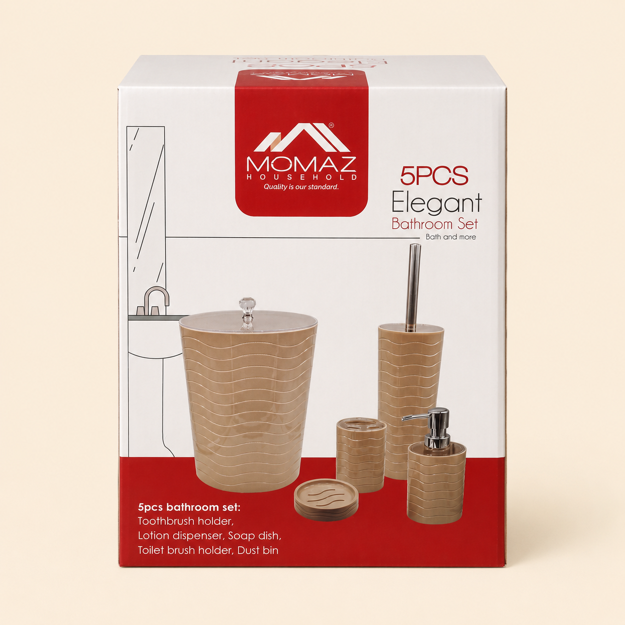 MOMAZ Elegant 5-Piece Bathroom Accessory Set – Soap Dispenser, Toothbrush Holder, Soap Dish, Toilet Brush & Waste Bin - Image 1