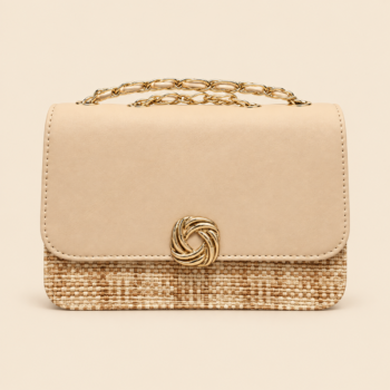Structured Flap Handbag with Woven Base and Chain Handle