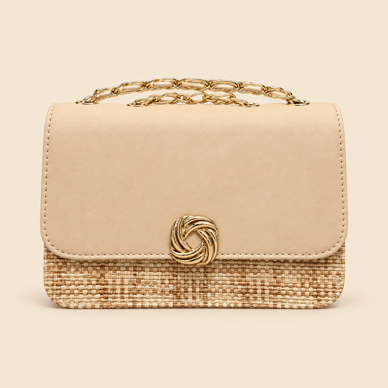Structured Flap Handbag with Woven Base and Chain Handle - Image 1