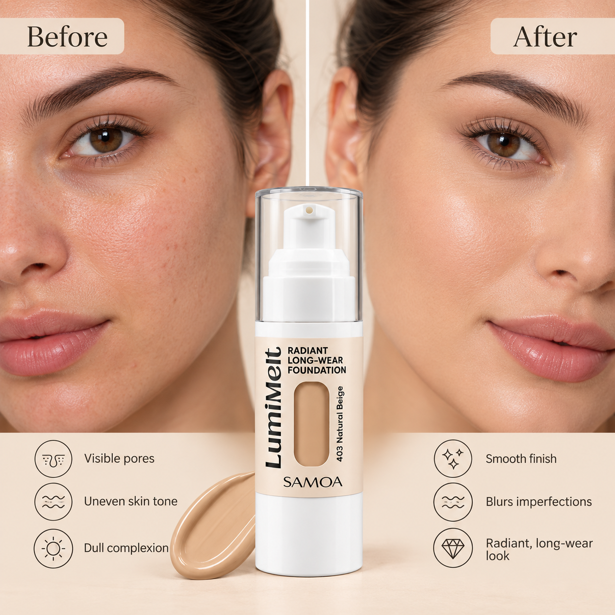 Samoa LumiMelt Radiant Long-Wear Foundation – 403 Natural Beige-30 ml - Image 2