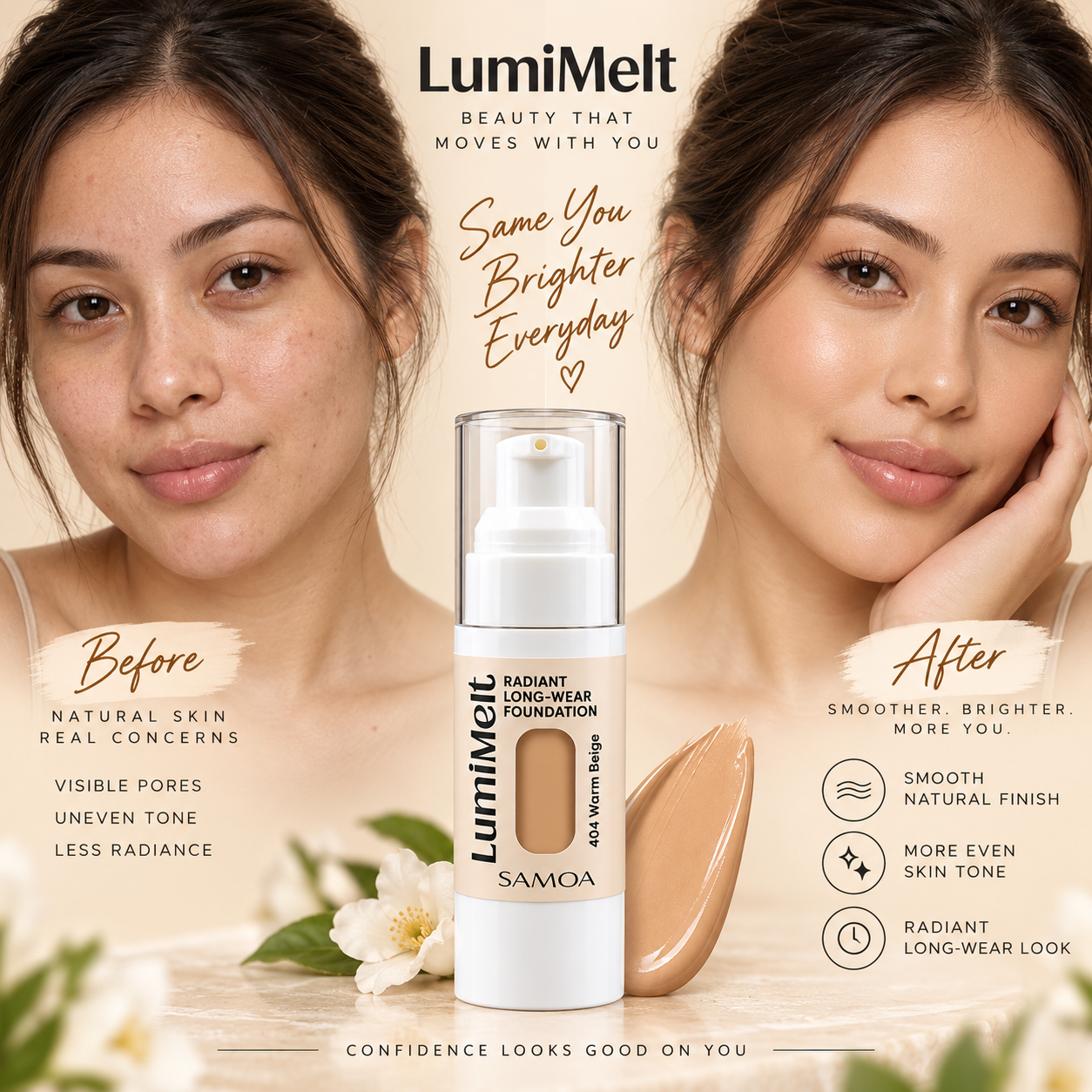 Samoa LumiMelt Radiant Long-Wear Foundation – 404 Warm Beige-30ml - Image 2