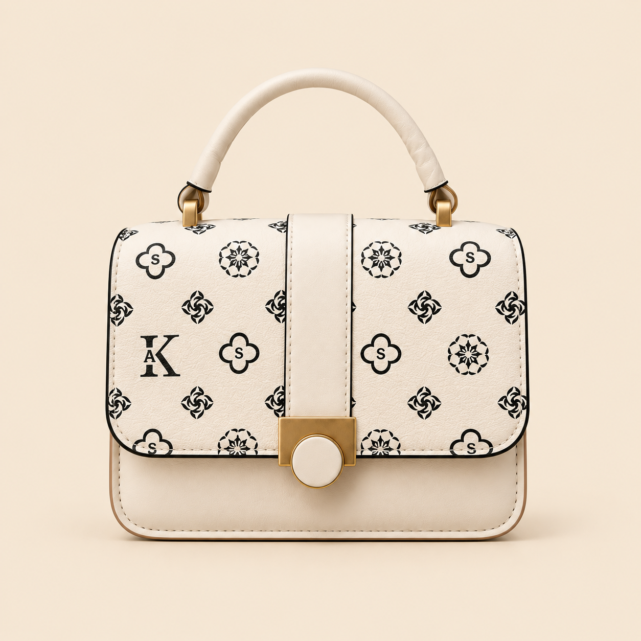 Structured Top Handle Handbag with Patterned Flap and Metal Clasp - Image 2