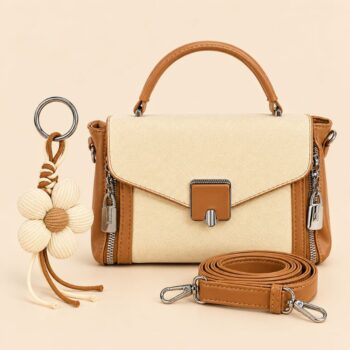 Handbag with Flap and Flower Charm in Beige and Tan