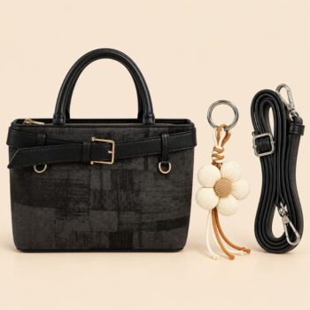 Handbag with Buckle Detail and Flower Charm in Black