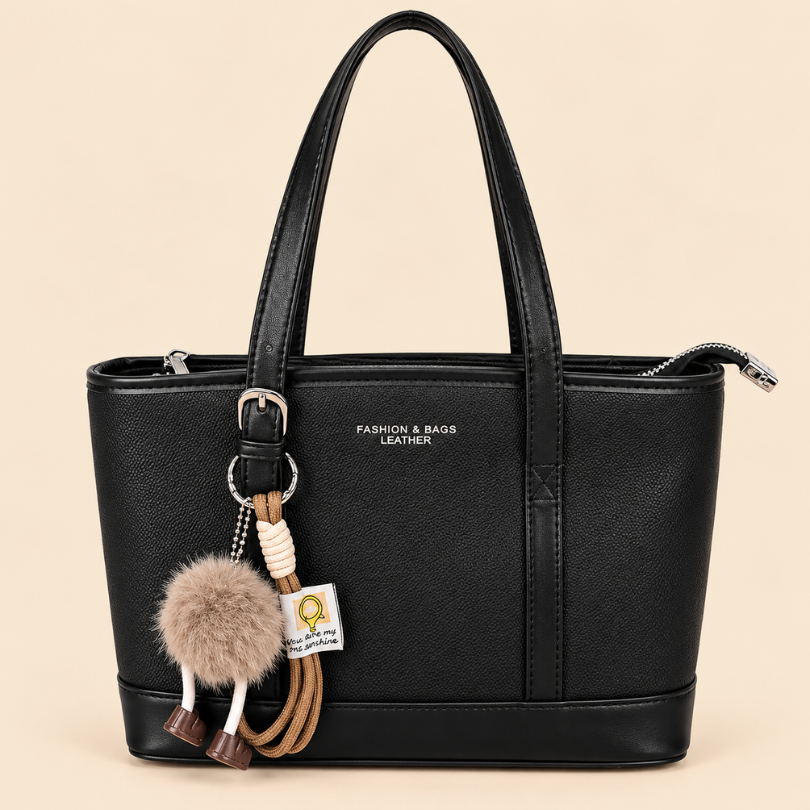 Tote Bag with Zip Closure and Pom-Pom Charm in Black - Image 1