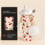 Insulated Tumbler with Cherry Print and Straw 900 ml