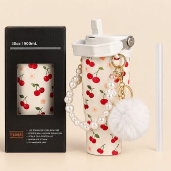 Insulated Tumbler with Cherry Print and Straw 900 ml