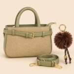 Handbag with Buckle and Pom-Pom Charm in Beige and Olive Green
