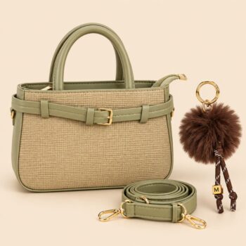 Handbag with Buckle and Pom-Pom Charm in Beige and Olive Green