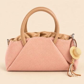Handbag with Tan Handles and Hat Charm in Pink