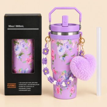 Insulated Tumbler with Purple Floral Design and Straw 900 ml