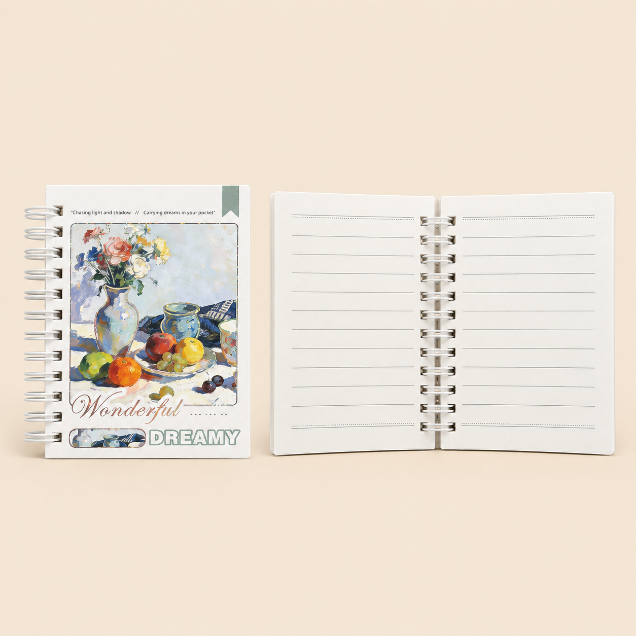 White Spiral Notebook, Closed and Open Dreamy Wonderful Spiral Notebook – Lined Journal with Floral Still Life Cover - Image 1