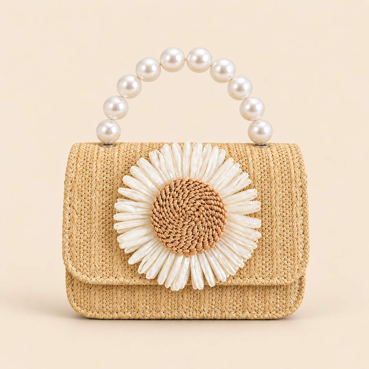 Woven Straw Daisy Handbag Woven Straw Mini Handbag with Daisy Flower Accent and Pearl Handle for Women - Image 1